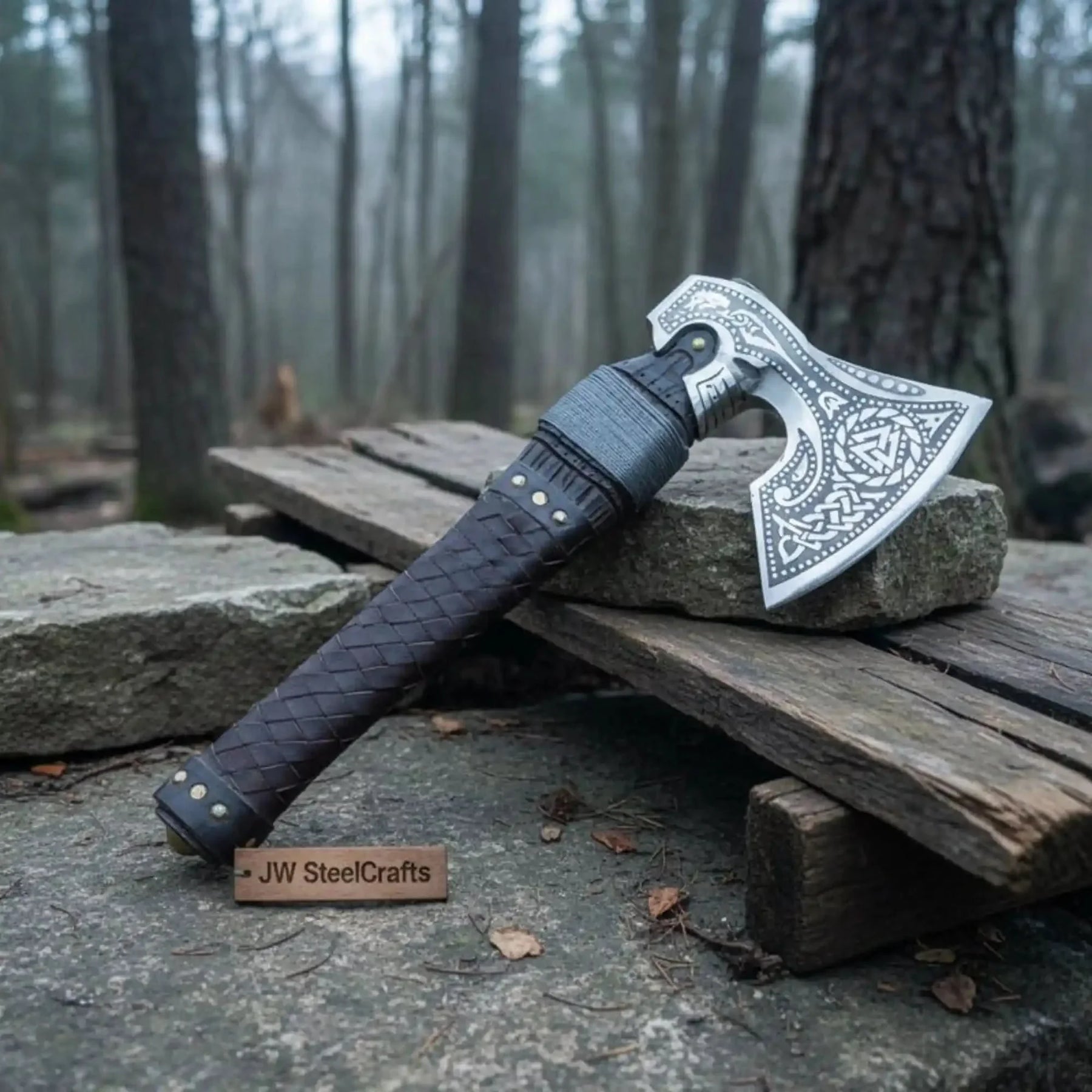 Engraved Norse Valknut Hatchet with Braided Leather Handle detail view by JW SteelCrafts