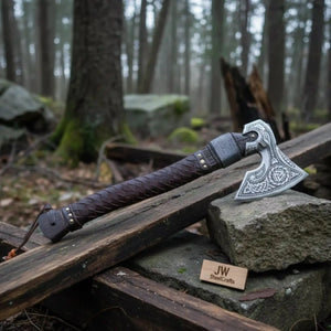 Engraved Norse Valknut Hatchet with Braided Leather Handle detail view by JW SteelCrafts