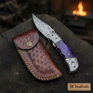 Feather Pattern Damascus Folding Knife with Purple Resin Handle by JW SteelCrafts, Damascus knife main product photo