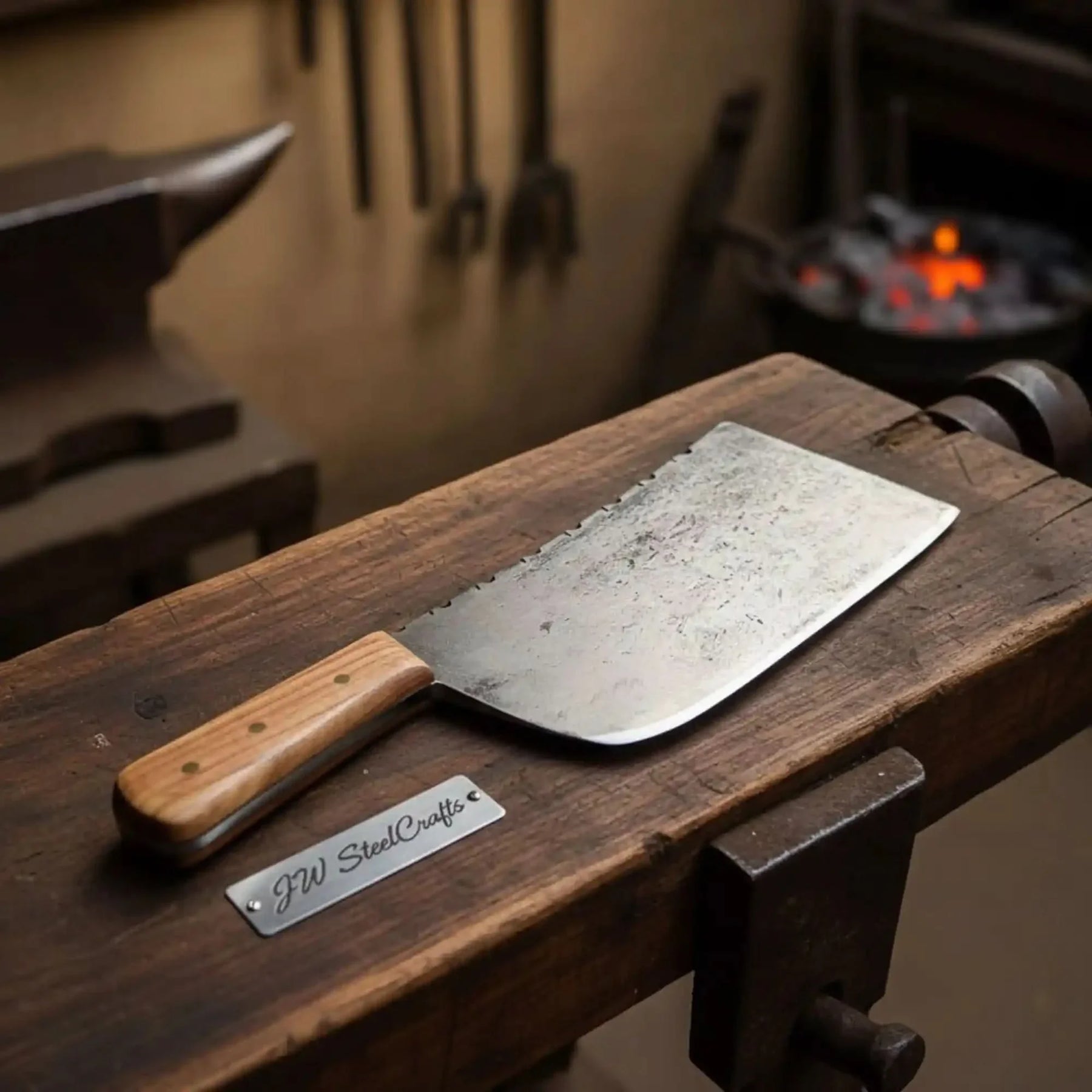 14-Inch Forged High Carbon Steel Butcher Cleaver — Filework Spine & Natural Hardwood Handle by JW SteelCrafts, Southern lifestyle apparel main product photo