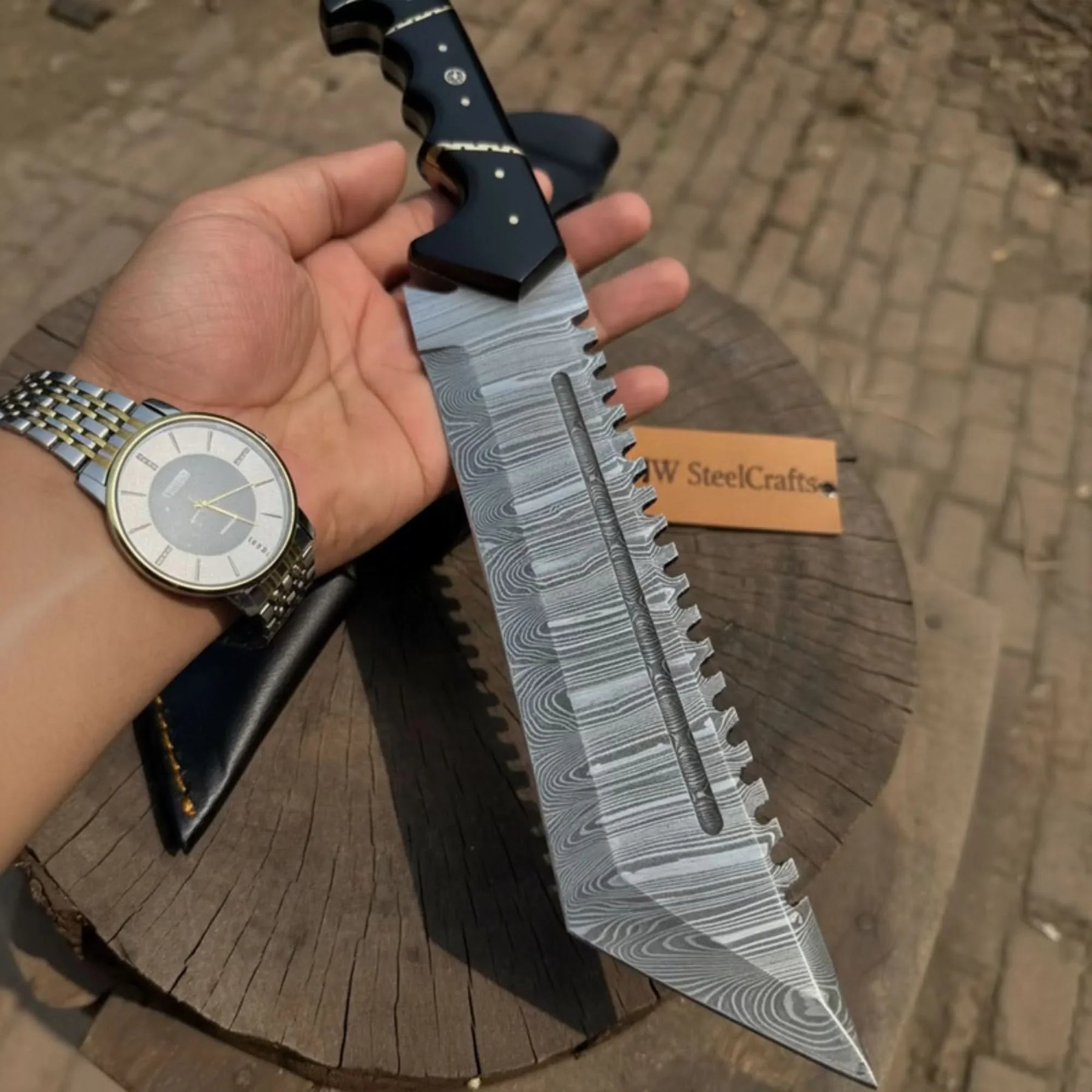 Handmade Damascus Tracker Knife 12” Sawback Blade Survival Knife Black resin Handle & Sheath by JW SteelCrafts