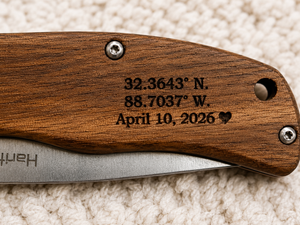 Personalized Engraved Wood Handle Pocket Knife by Poor Hog Customs, Damascus knife detail photo 4