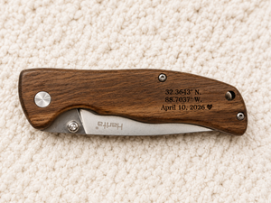 Personalized Engraved Wood Handle Pocket Knife by Poor Hog Customs, Damascus knife main product photo