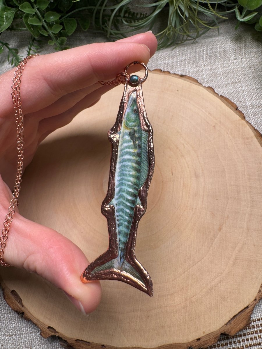 Wahoo and Labradorite Necklace detail view by Copper Ashes