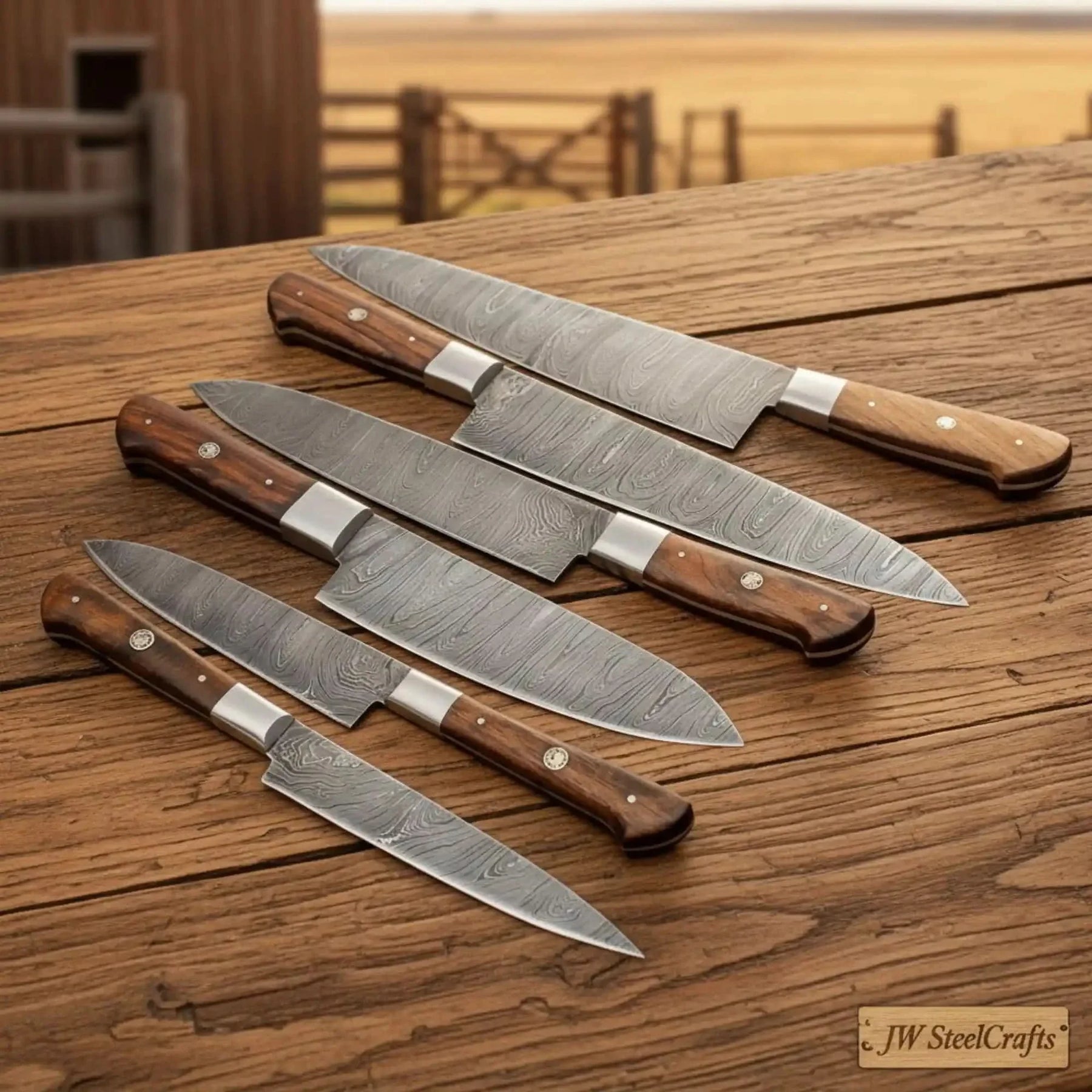 6-Piece Damascus Kitchen Knife Set — Gyuto, Slicer, Santoku & Rosewood Handles | JW SteelCrafts by JW SteelCrafts, Damascus knife main product photo