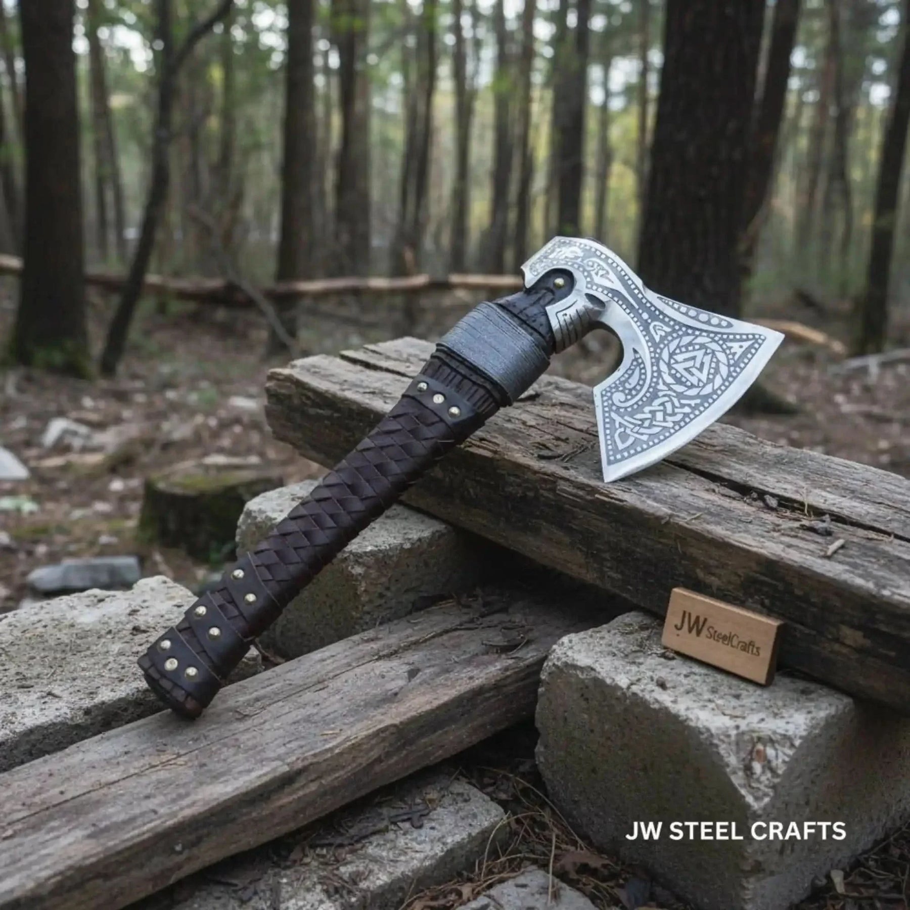 Engraved Norse Valknut Hatchet with Braided Leather Handle detail view by JW SteelCrafts