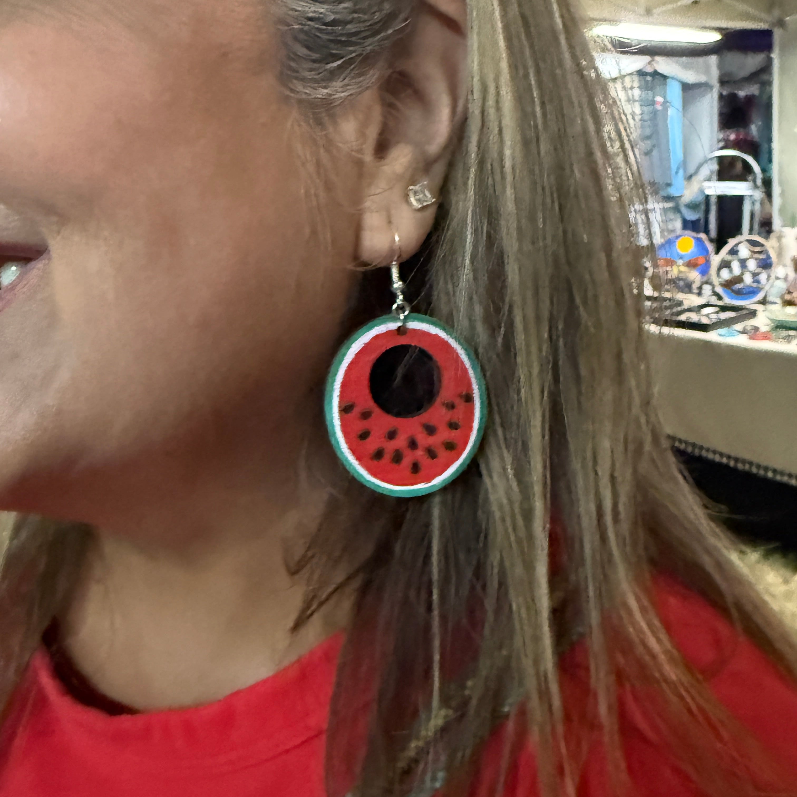Watermelon Slice Hoop Wooden Dangle Earrings | Summer Fruit Jewelry detail view by Cate's Concepts, LLC