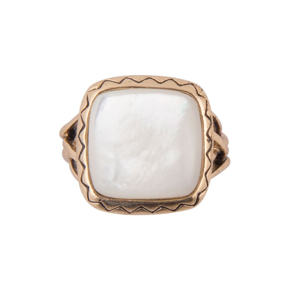 Wave of White Mother of Pearl Golden Ring detail view by Barse Jewelry