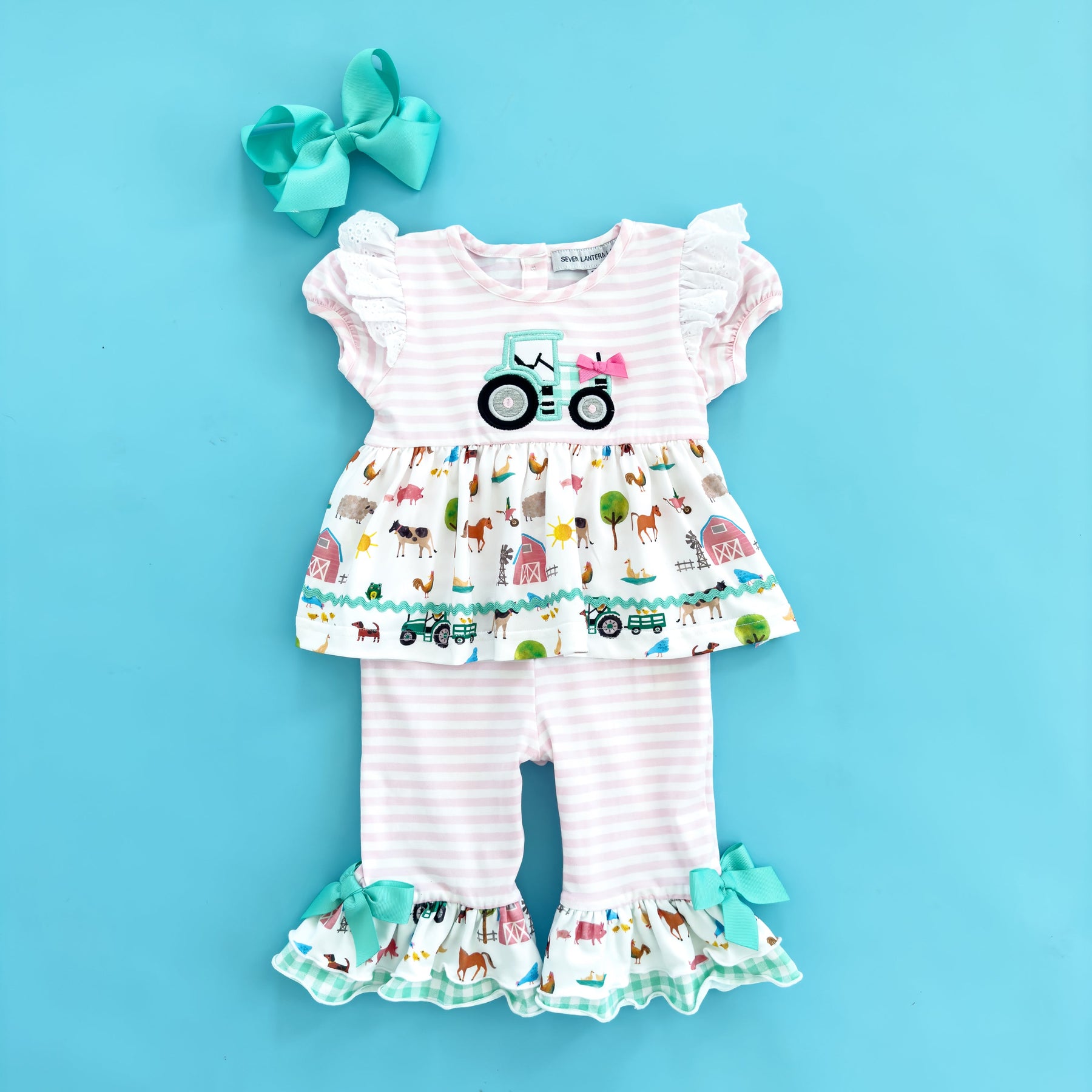 Girls Tractor Romper detail view by Seven Lantern Lane