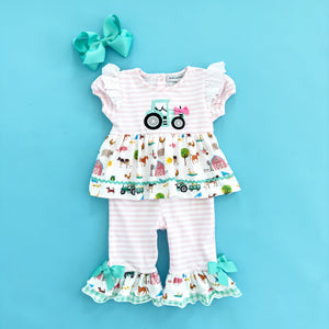 Girls Tractor Romper detail view by Seven Lantern Lane
