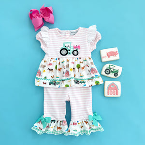 Girls Tractor Romper detail view by Seven Lantern Lane