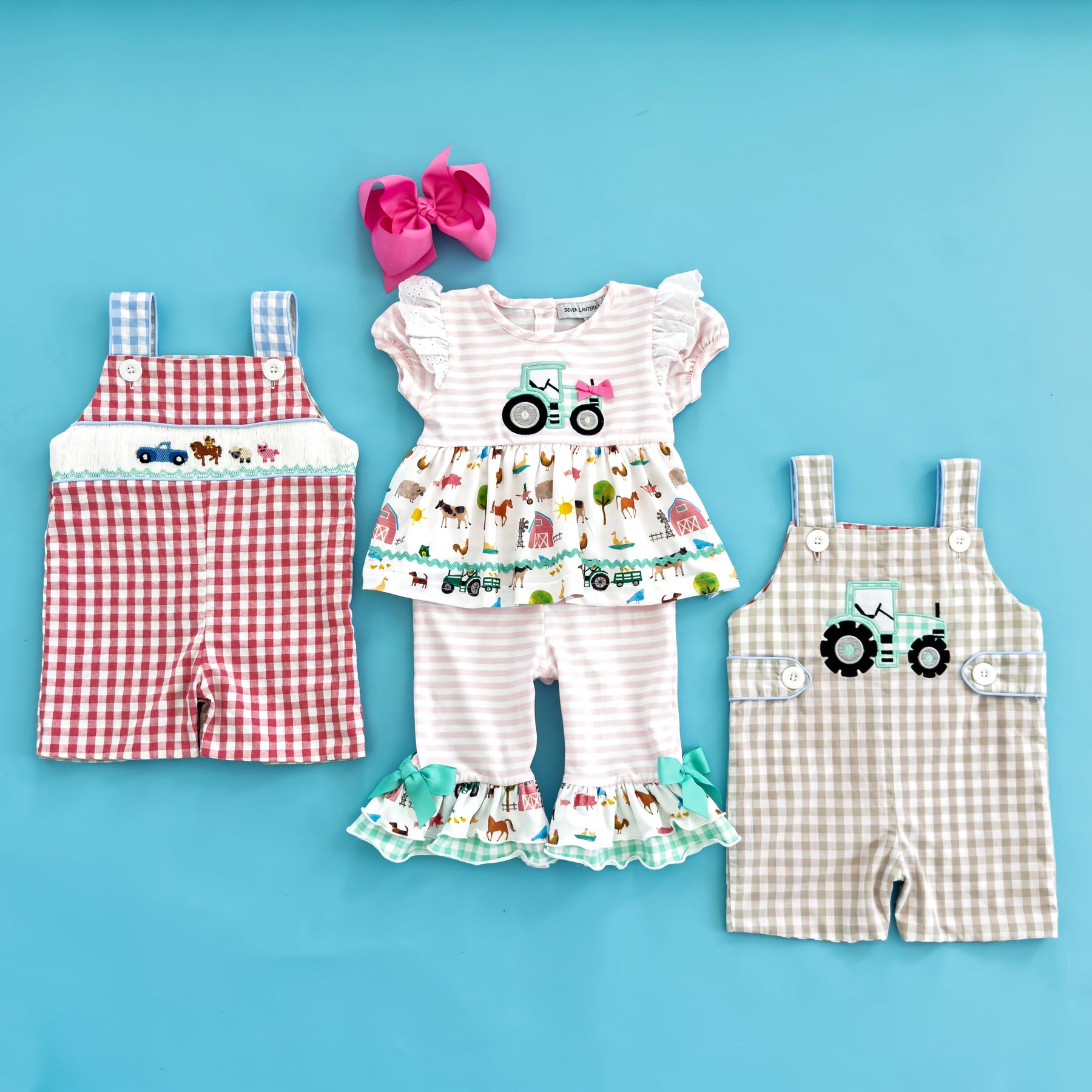 Girls Tractor Romper detail view by Seven Lantern Lane