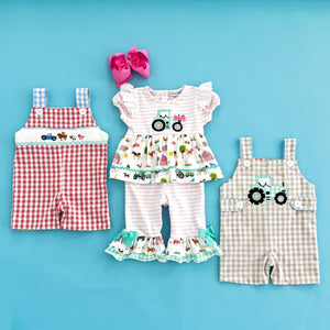 Girls Tractor Romper detail view by Seven Lantern Lane