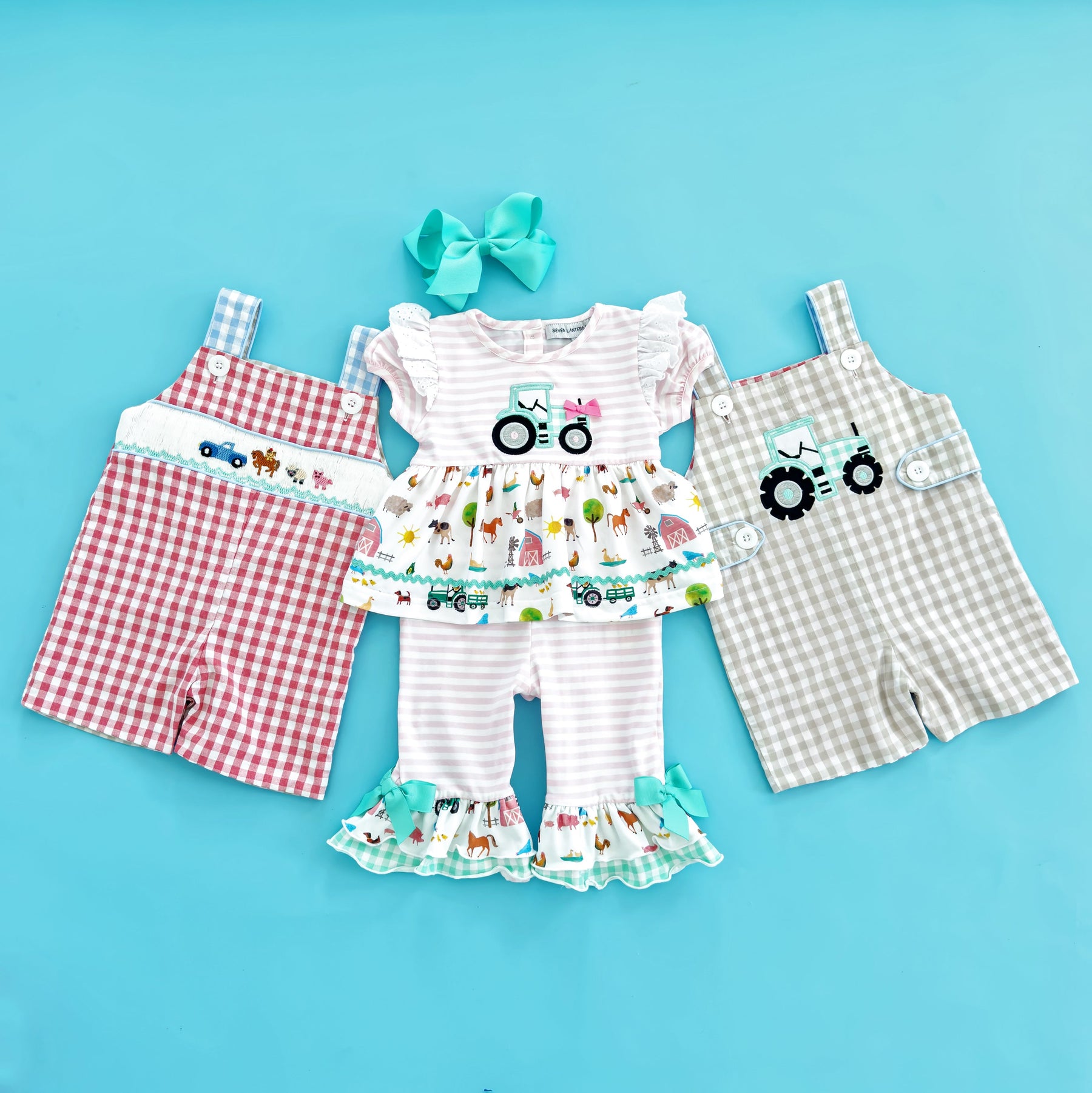 Girls Tractor Romper detail view by Seven Lantern Lane