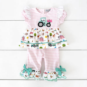 Girls Tractor Romper detail view by Seven Lantern Lane