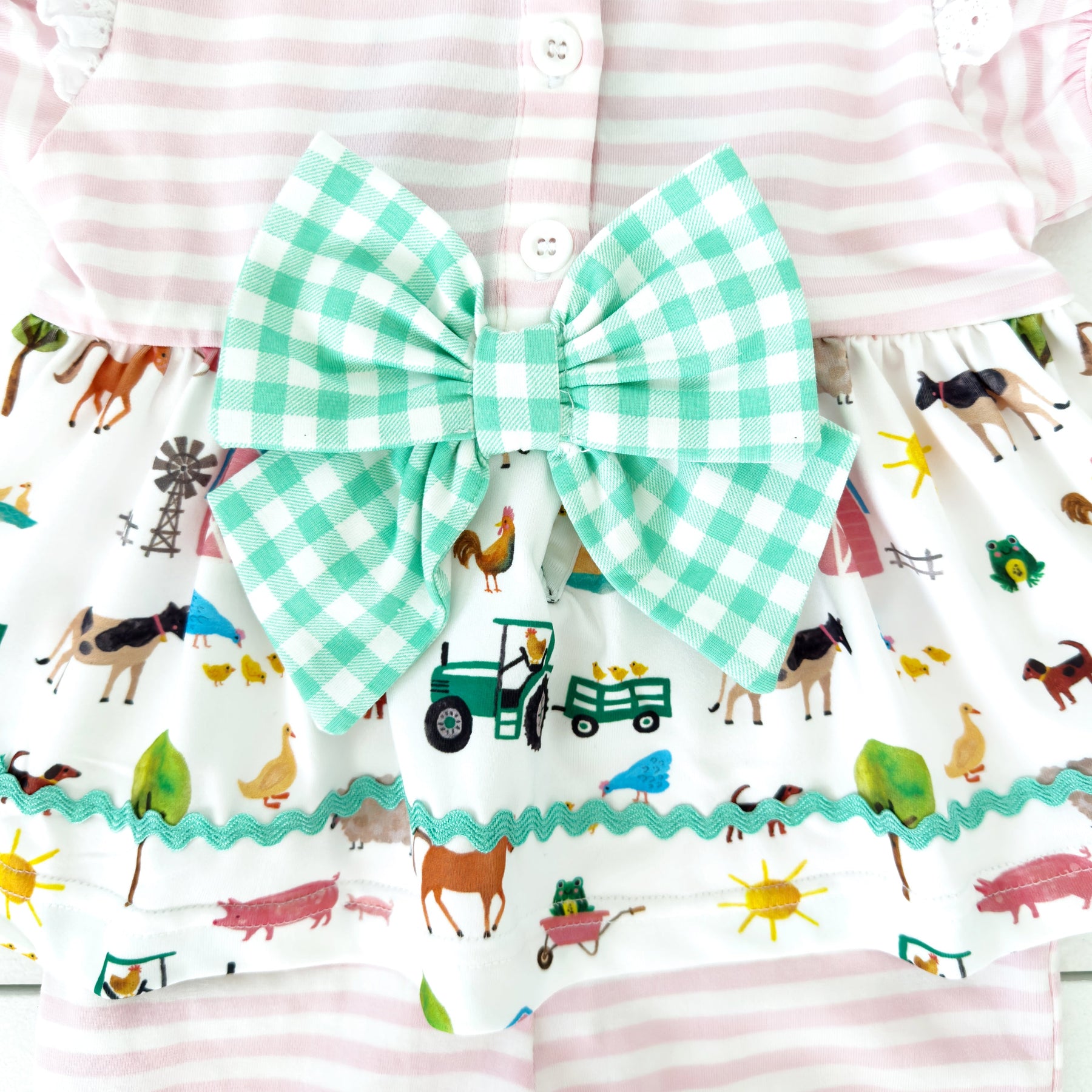 Girls Tractor Romper detail view by Seven Lantern Lane