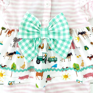 Girls Tractor Romper detail view by Seven Lantern Lane