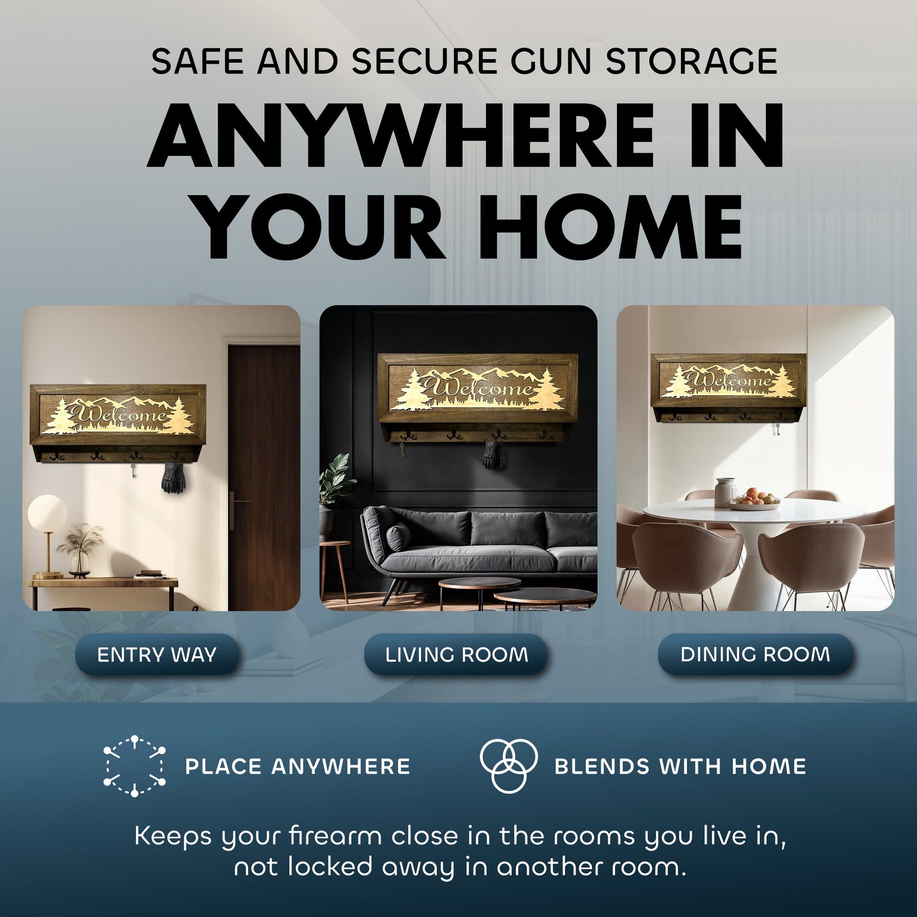 Mountain Scene Welcome Concealment Decor - Handcrafted Wooden Gun Cabinets - Gun Shelf Hidden Storage for Rifles, Shotguns, & Handguns - Quick Access by Bellewood Designs