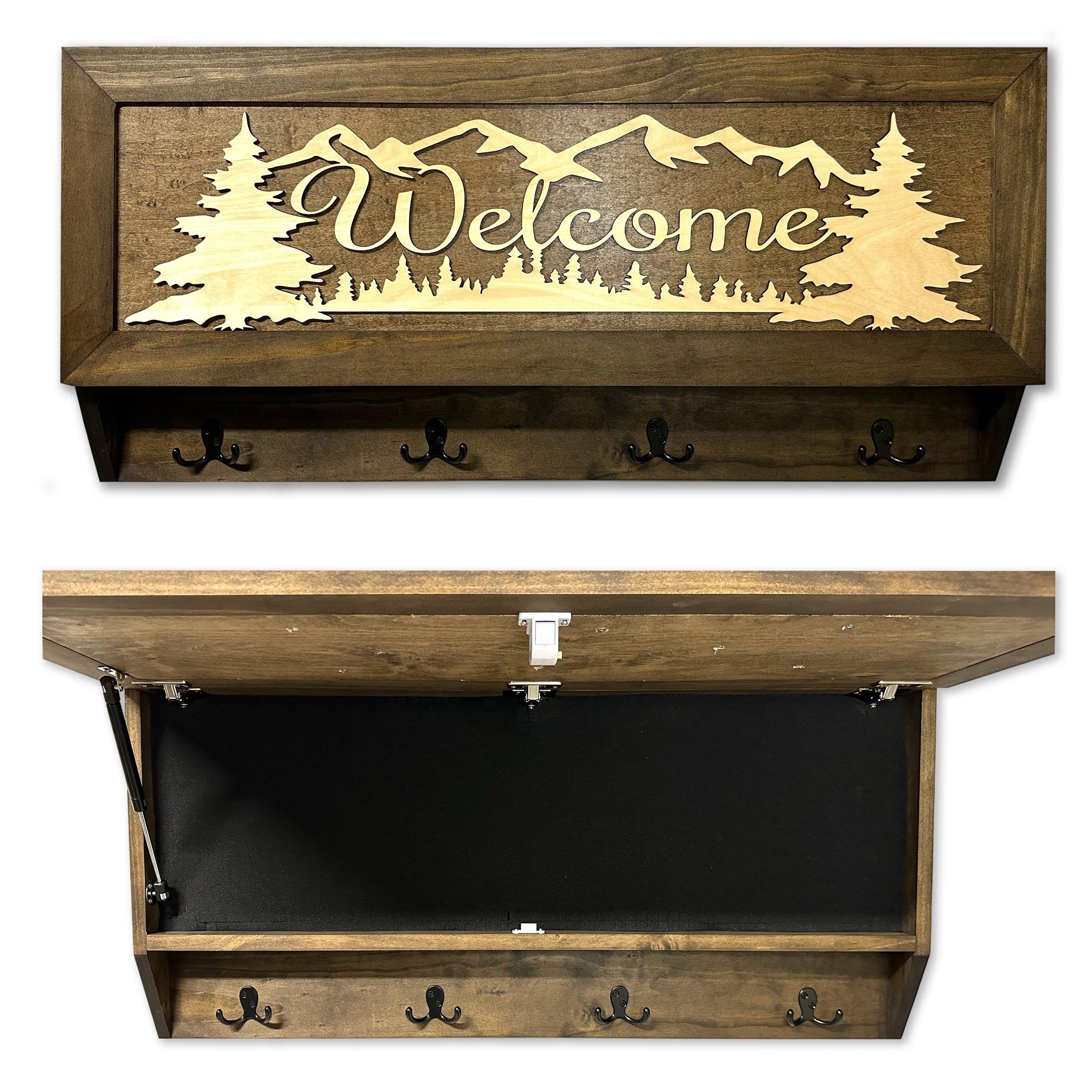 Mountain Scene Welcome Concealment Decor - Handcrafted Wooden Gun Cabinets - Gun Shelf Hidden Storage for Rifles, Shotguns, & Handguns - Quick Access by Bellewood Designs