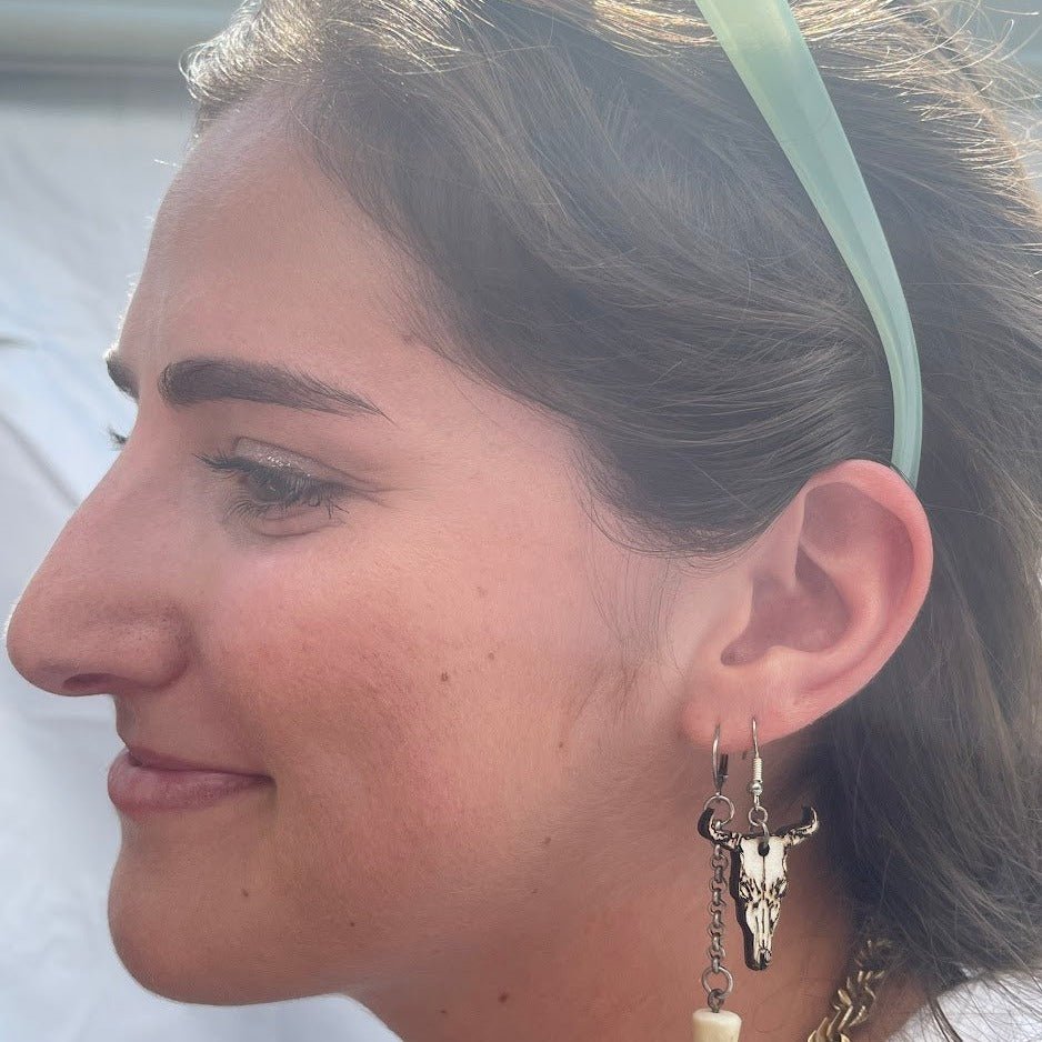 Cow Skull Wooden Dangle Earrings | Western Boho Jewelry detail view by Cate's Concepts, LLC