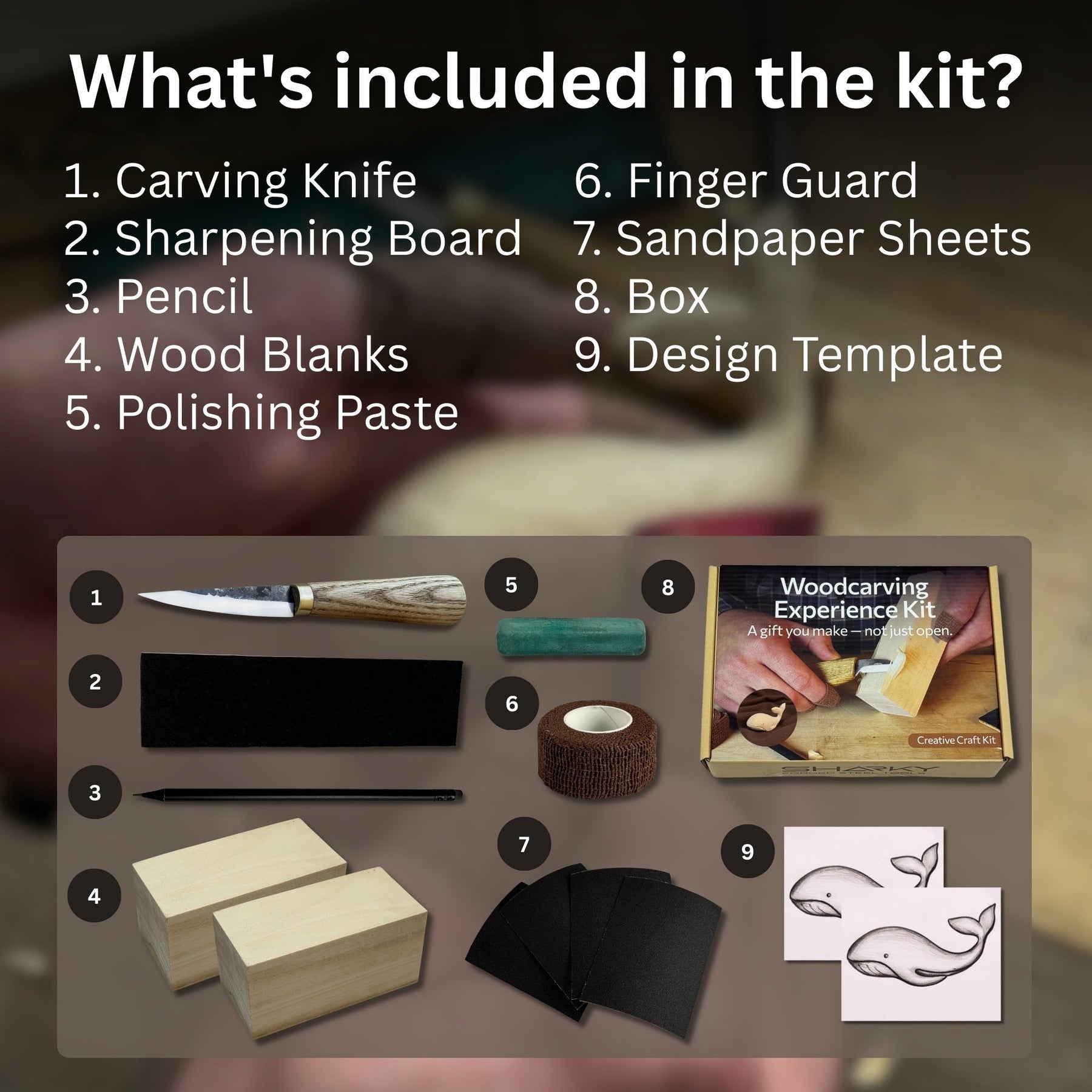 Whale Carving Kit - Complete Starter Whittling Kit for Beginners, Adults, Teens, and Kids detail view by Sharky Forged Steel