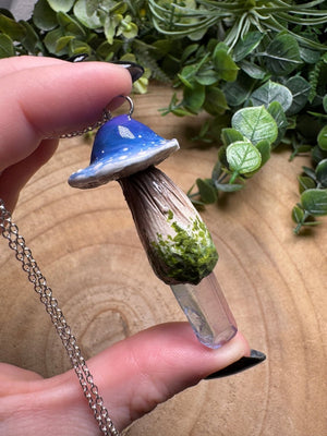 Whimsical Crystal Mushroom Necklace detail view by Copper Ashes