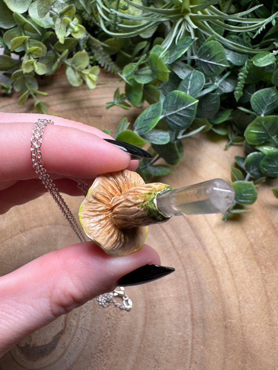Whimsical Crystal Mushroom Necklace detail view by Copper Ashes