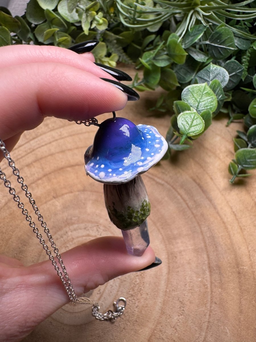 Whimsical Crystal Mushroom Necklace detail view by Copper Ashes