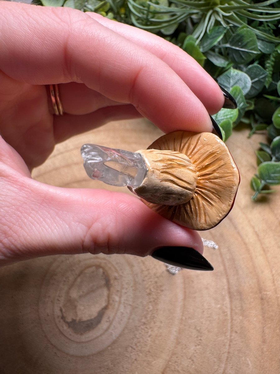 Whimsical Crystal Mushroom Necklace detail view by Copper Ashes