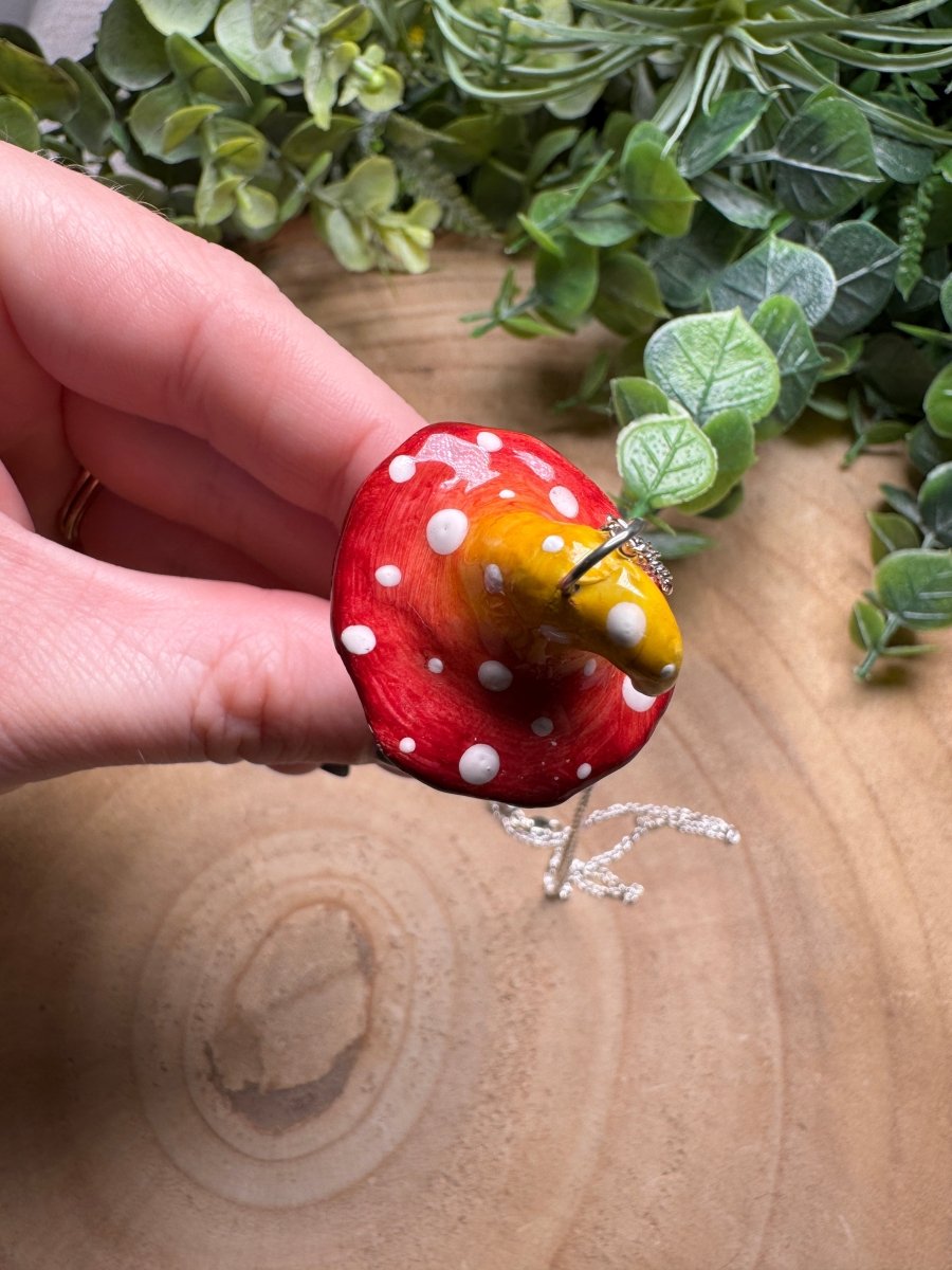 Whimsical Crystal Mushroom Necklace detail view by Copper Ashes