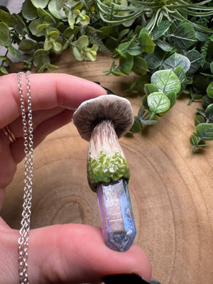 Whimsical Crystal Mushroom Necklace detail view by Copper Ashes