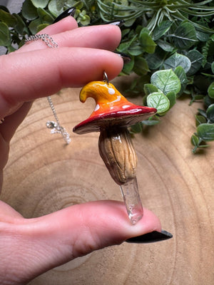 Whimsical Crystal Mushroom Necklace detail view by Copper Ashes