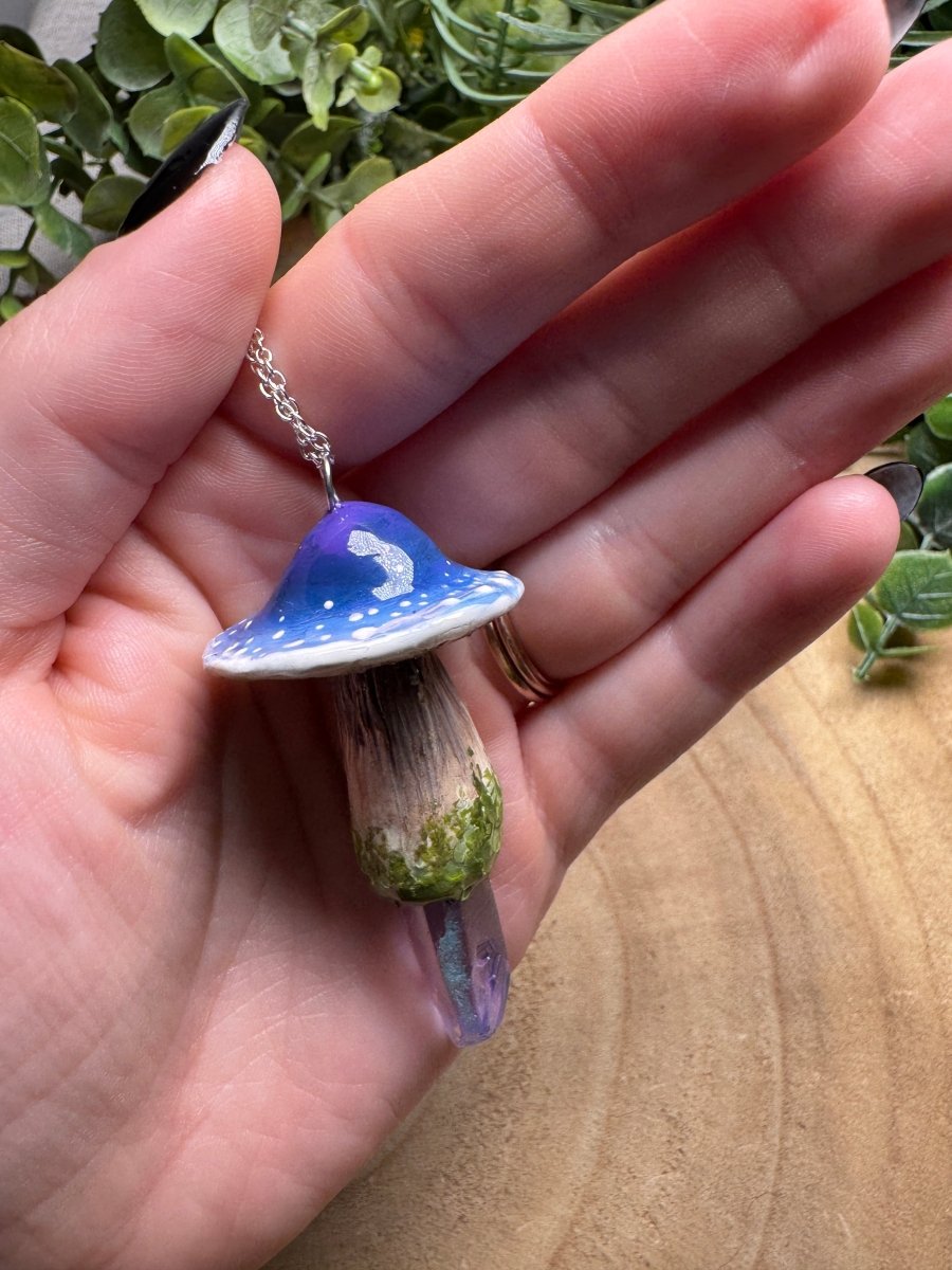 Whimsical Crystal Mushroom Necklace detail view by Copper Ashes