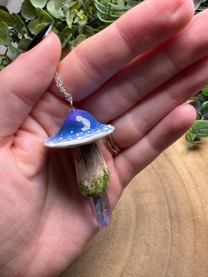 Whimsical Crystal Mushroom Necklace detail view by Copper Ashes