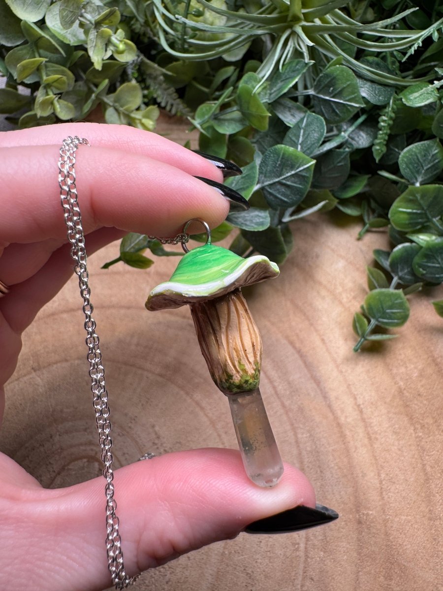 Whimsical Crystal Mushroom Necklace detail view by Copper Ashes