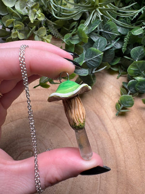 Whimsical Crystal Mushroom Necklace detail view by Copper Ashes