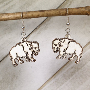 White Buffalo Wooden Earrings | Western Bison Wildlife Jewelry detail view by Cate's Concepts, LLC