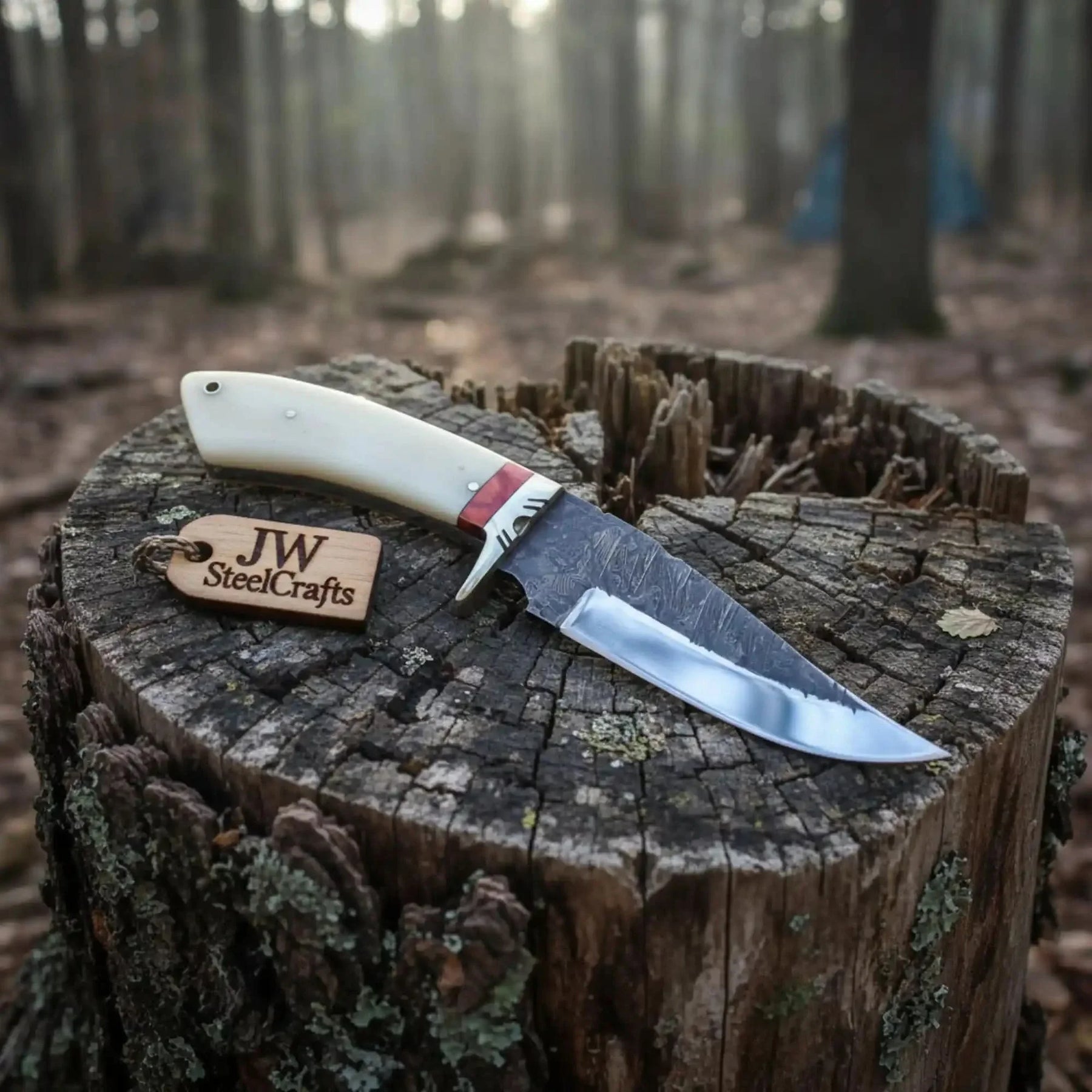Hand Forged Knife-Steel Blade Camel Bone Handle by JW SteelCrafts, Damascus knife detail photo 2