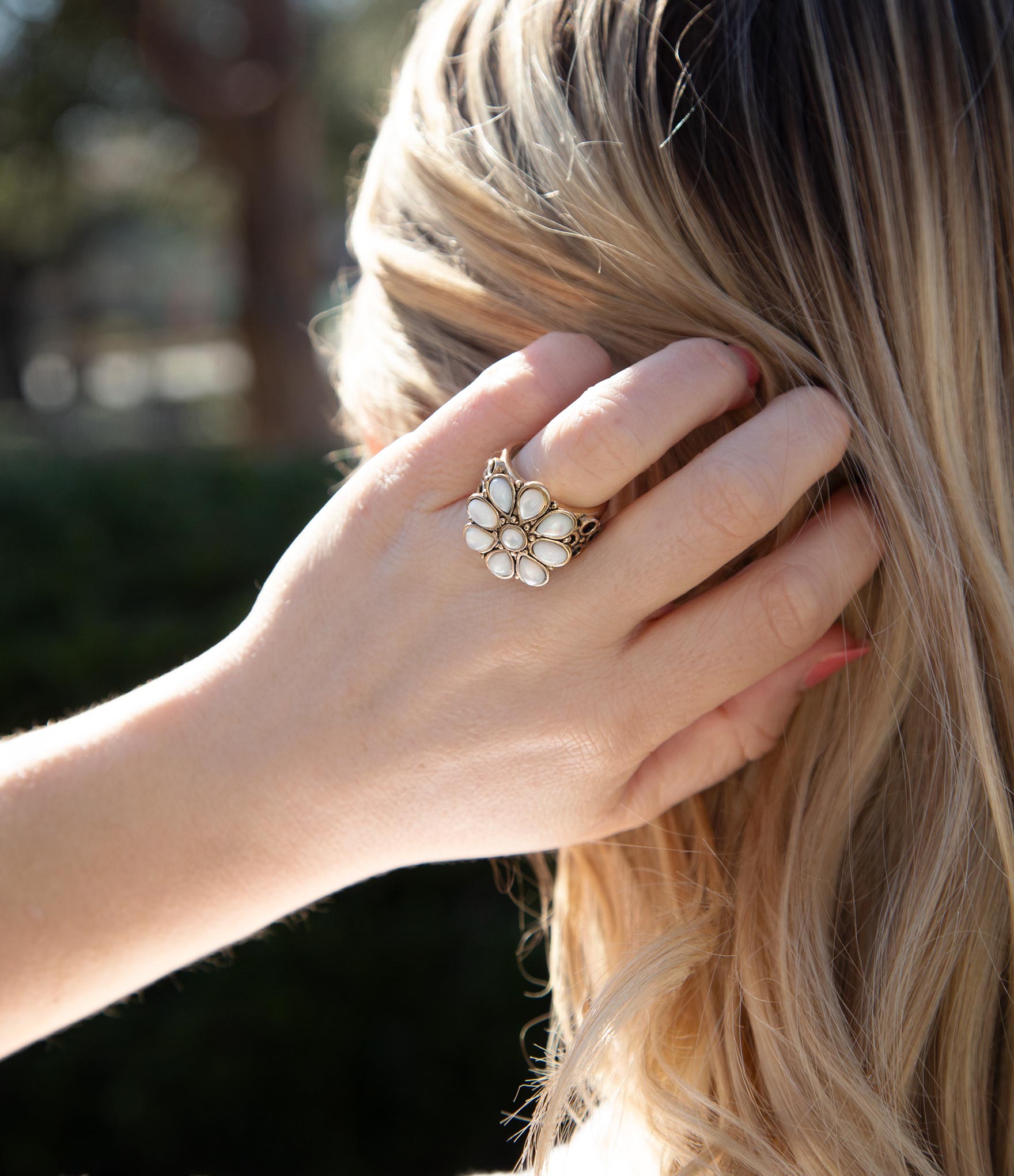 White Hibiscus Mother of Pearl and Golden Ring detail view by Barse Jewelry