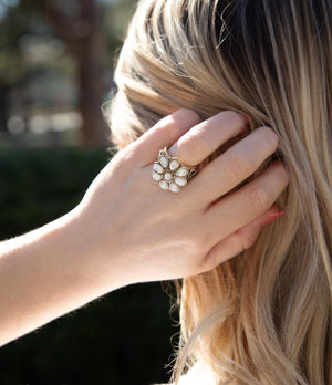 White Hibiscus Mother of Pearl and Golden Ring detail view by Barse Jewelry