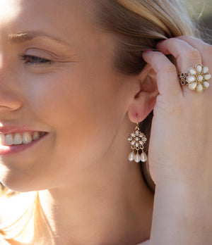 White Hibiscus Mother of Pearl and Golden Ring detail view by Barse Jewelry