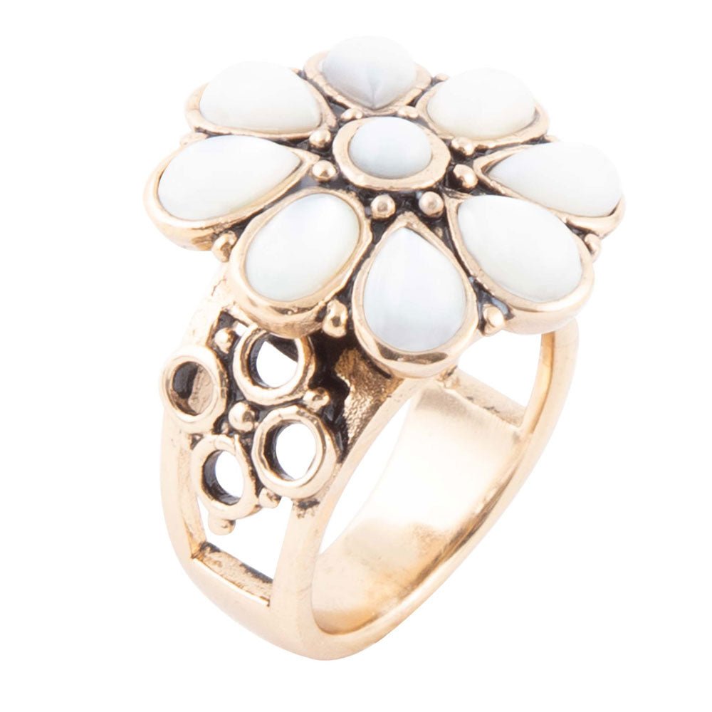 White Hibiscus Mother of Pearl and Golden Ring by Barse Jewelry