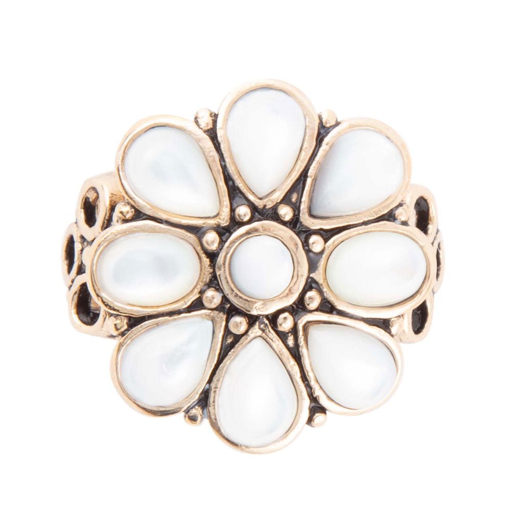 White Hibiscus Mother of Pearl and Golden Ring detail view by Barse Jewelry