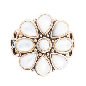 White Hibiscus Mother of Pearl and Golden Ring detail view by Barse Jewelry