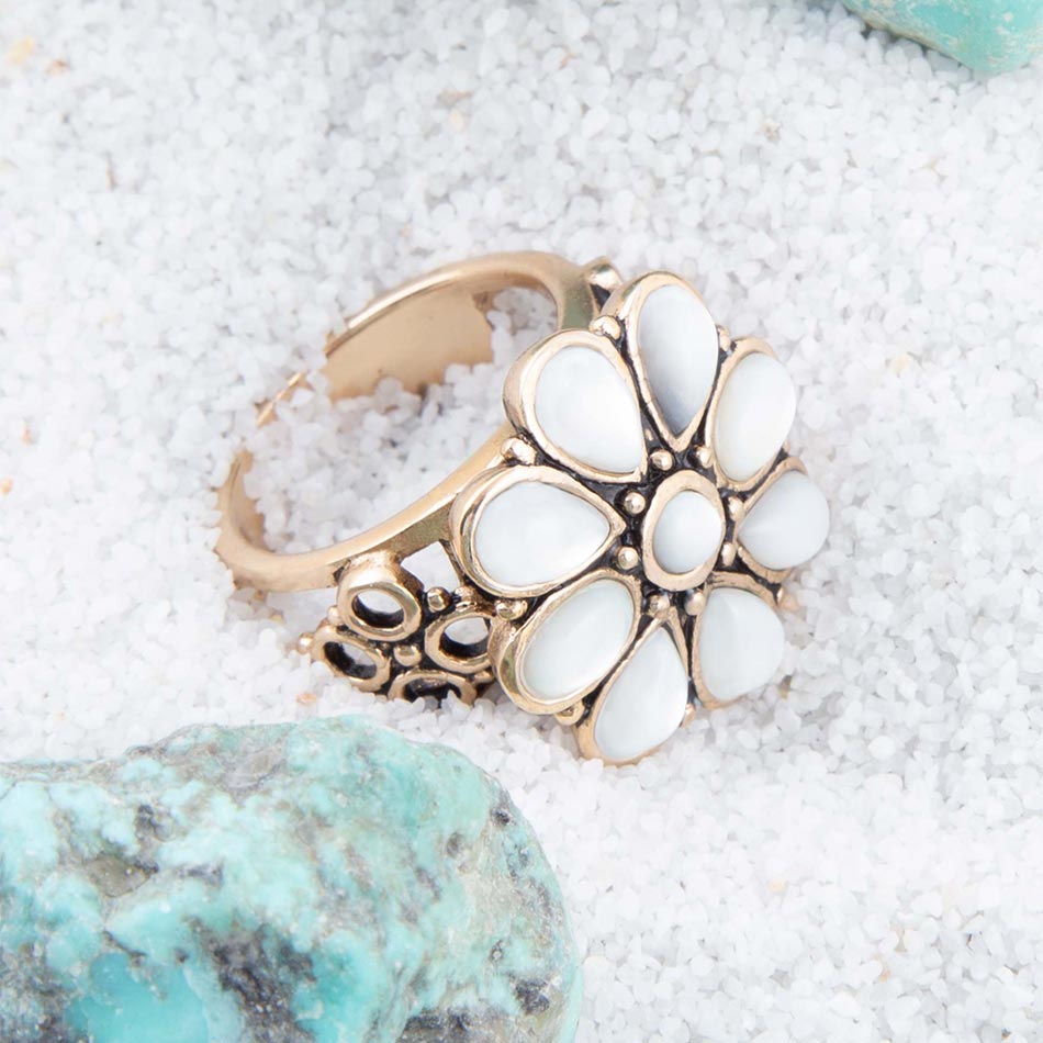 White Hibiscus Mother of Pearl and Golden Ring detail view by Barse Jewelry