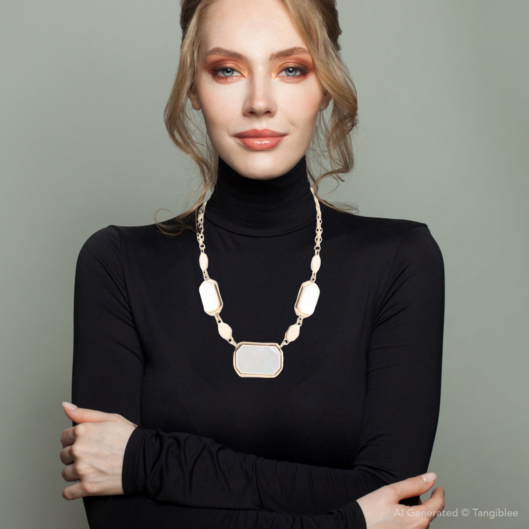 White Mother of Pearl and Golden Bronze Statement Necklace detail view by Barse Jewelry