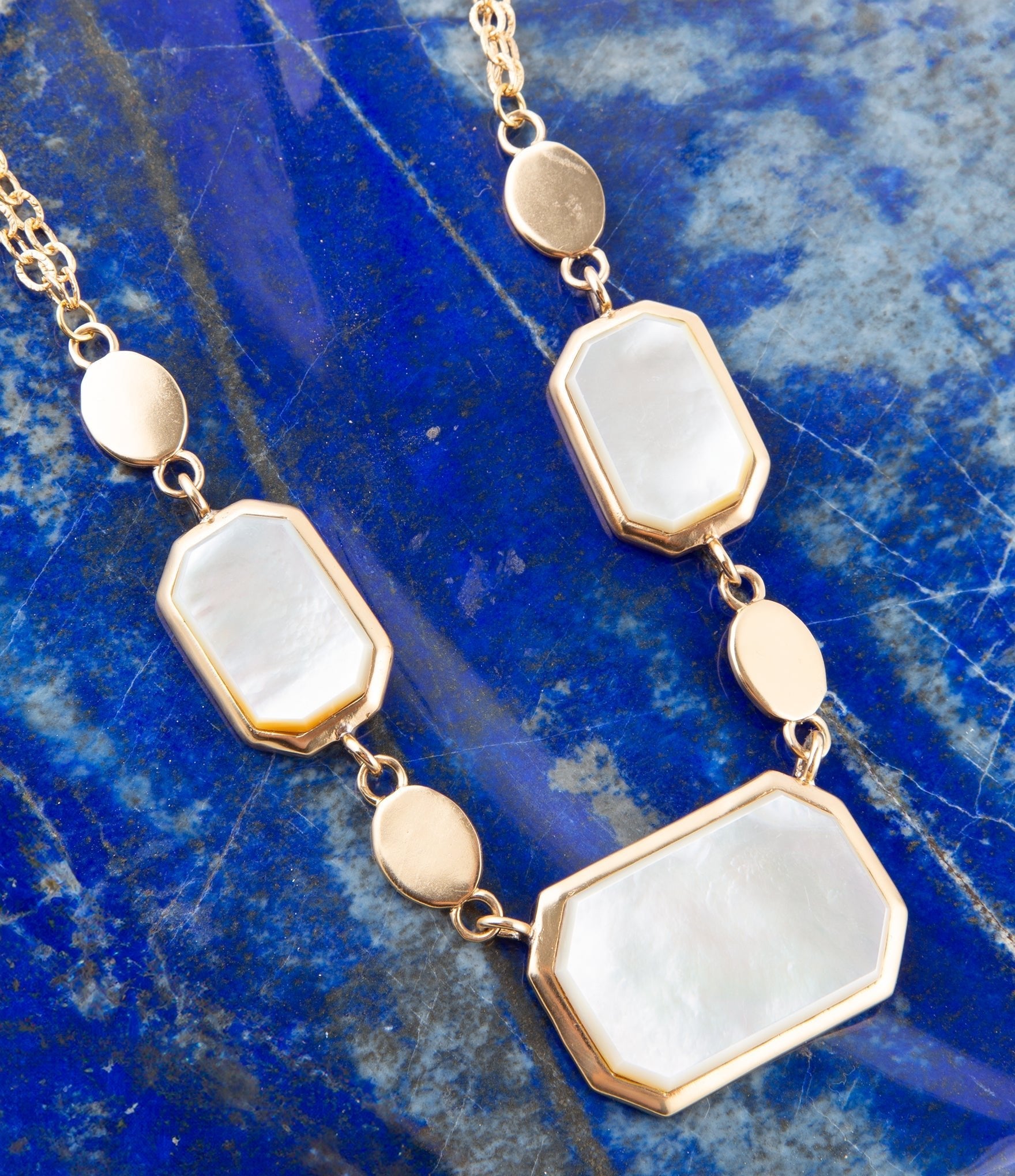 White Mother of Pearl and Golden Bronze Statement Necklace detail view by Barse Jewelry