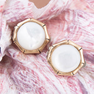 White Mother of Pearl Golden Bamboo Clip Earrings detail view by Barse Jewelry