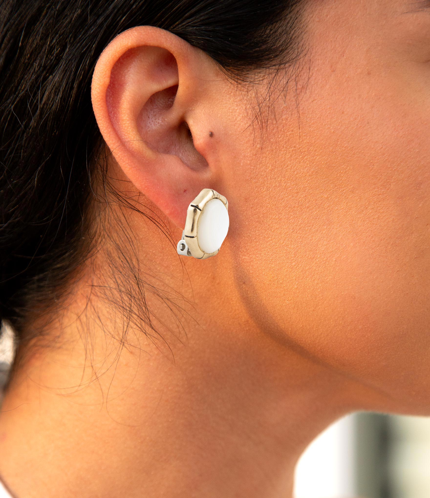 White Mother of Pearl Golden Bamboo Clip Earrings detail view by Barse Jewelry