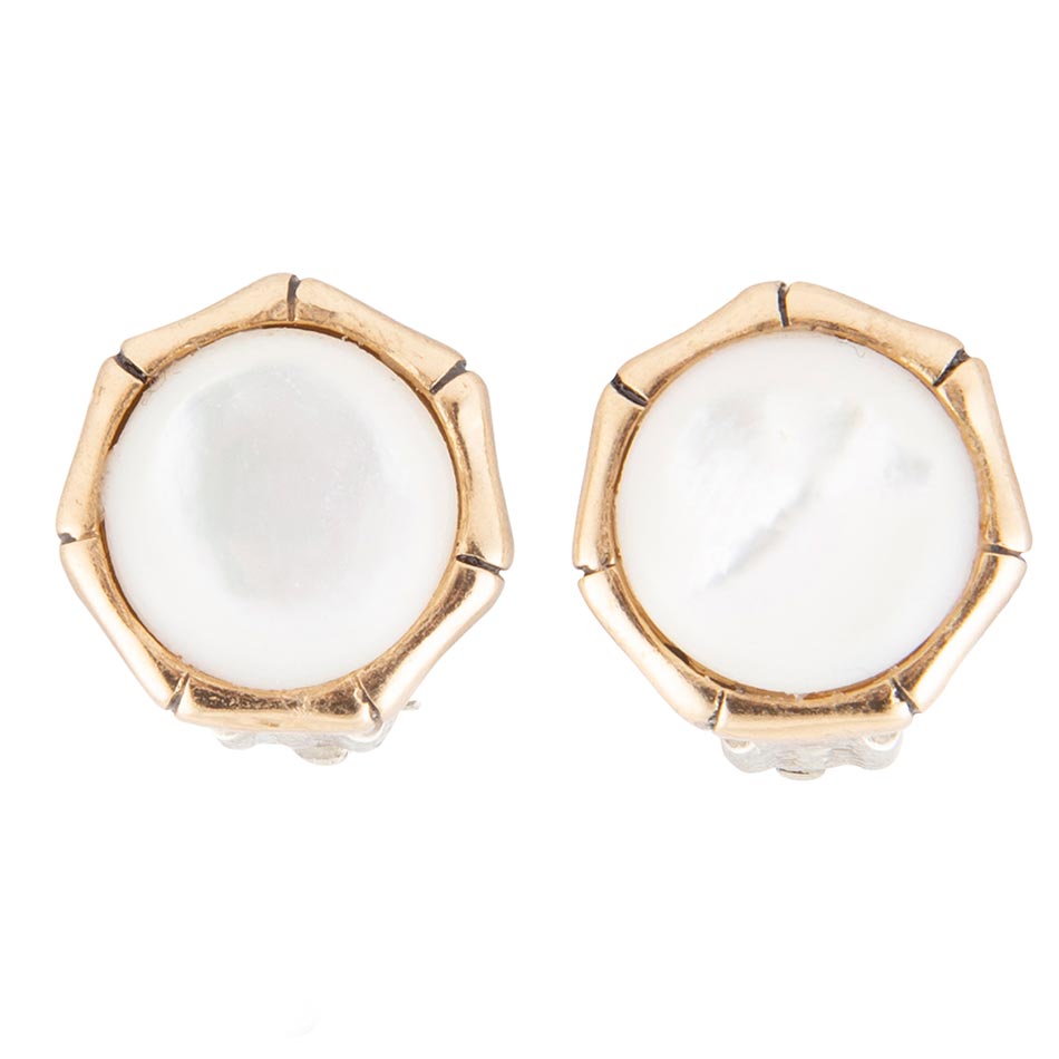 White Mother of Pearl Golden Bamboo Clip Earrings by Barse Jewelry